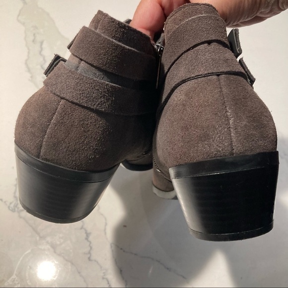 SAM EDELMAN Sz 10 Petal  Suede Cool Brown Buckle Stacked Heel Booties - Picture 13 of 14